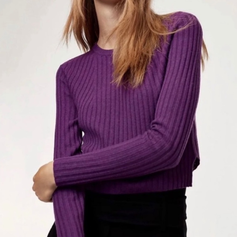 Aritzia Babaton Nathaniel Cropped Crew Neck Ribbed Sweater in Purple Size XXS